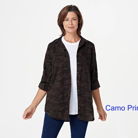 Side Stitch Button Front Tunic with Roll-Tab Sleev - Picture 6 of 6